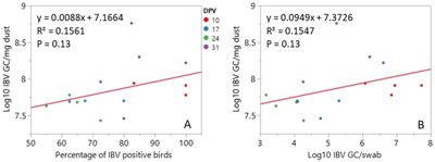 Fig 2. Linear association of log10 IBV GC in dust with the percentage of IBV positive birds in swabs (A) and log10 IBV GC in swabs (B). Each data point represents the mean value for each one of the four poulty houses on a given dpv.