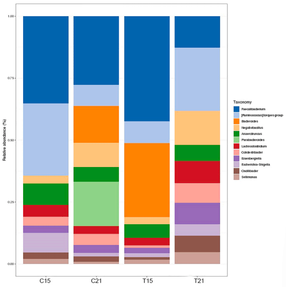 Fig. 3. Distribution of main bacterial taxonomic groups (dominant genera) based on high-throughput sequencing of 16S rRNA gene of the cecal community of broilers fed Stevia mash (1 %) during 15 and 21 days. C: broilers fed control diet. T: broilers fed diet with Stevia mash (1 %). The analysis was performed using the Web-Based Metagenomics Platform SHAMAN.