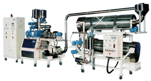 Figure 4: Extrusion system, Model DRX-50, sold by Food Machine Exportation and importation, EIRELI, containing a short barrel extruder, pneumatic transport system to the dryer/flavouring.