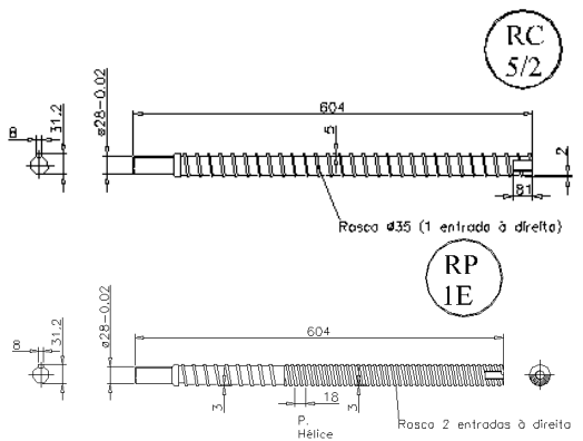 Figure 5: Diagrams of solid screws with a depth of 5mm at the entrance and 2mm at the exit. (A) with one input and (B) with two inputs.