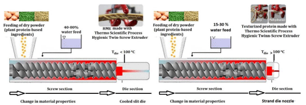 Figure 3: Co-rotational interlocking pilot scale scheme of a twin-screw extruder, presented by Thermofisher®, for the preparation of meat analogue products with high and low moisture content. Source: https://assets.thermofisher.com/TFS-Assets/MSD/Flyers/OV53468-Food%20ExtrusionApplication%20Overview.pdf