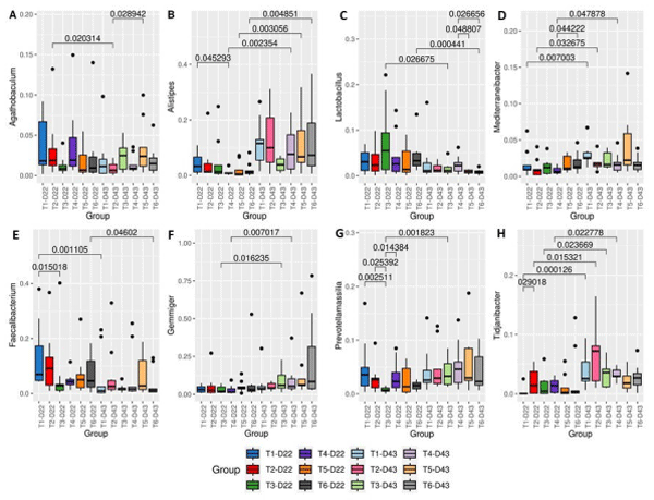 Figure 6. Differential abundance of Agathobaculum generum (A), Alistipes (B), Lactobacillus (C), Mediterraneibacter (D), Faecalibacterium (E), Gemmiger (F), Prevotellamassilia (G) and Tidjanibacter (H). Statistical comparison between groups was performed using the non-parametric Kruskal–Wallis and Post hoc Dunn tests. Statistical results below 0.05 were accepted as statistically significant. The treatments were: T1—Negative control (NC) (birds without challenge); T2—Positive control (PC) (birds challenged with Eimeria maxima + Clostridium perfringens); T3—PC + Antibiotic; T4—PC + β-mannanase; T5—PC + probiotic; T6—PC + β-mannanase + probiotic.