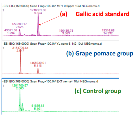 Figure 3. Extracted ion chromatogram (EIC) of gallic acid standard (a) and gallic acid content in egg yolk from hens fed a diet containing 50 g/kg of grape pomace (b) or a control diet (c).