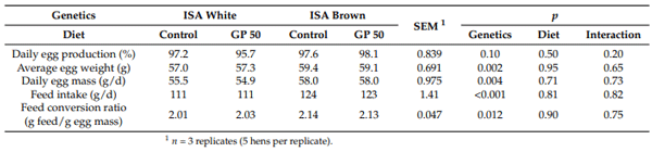 Table 4. Effect of laying hen genetics and dietary inclusion of grape pomace (GP) on the productive performance of 24- to 28-week-old laying hens.