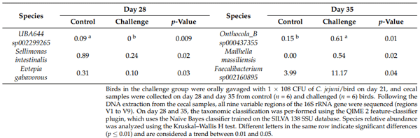 Table 6. Effect of C. jejuni challenge on the species relative abundance. Only species significantly affected by the challenge are shown.