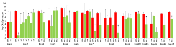 Figure 4. Salmonella counts in the caecum of control and probiotic-treated chickens in individual experiments at 4 days post-infection. Significant protection 4 days post-infection was recorded only in 10 cases, both due to the low number of chicks used in individual experiments (n = 3–6). In addition, in some experiments, e.g., in experiments 1, 4, or 12, the chicks in the control group were of naturally increased resistance to Salmonella challenges. Red columns—Salmonella counts in control chickens, green columns—Salmonella counts in the chickens treated with probiotic mixtures. Asterisks indicate a significant difference to the control group from the same experiment. For the composition of tested mixtures and the number of chicks used in each experiment, see Tables S1 and S2.