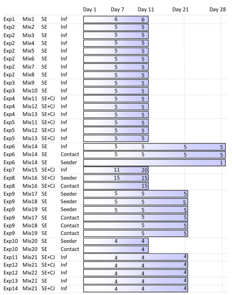 Figure 1. Experimental design of this study. Twenty-two different probiotic mixtures (Mix) have been tested in 14 independent experiments (Exp). Coinfection with S. Enteritidis and C. jejuni was tested in 7 experiments, and a seeder bird model of infection was used in 4 experiments. Numbers indicate the number of chicks sacrificed at each time point. Control chicks not inoculated with any probiotic mixture were included in each experiment, but these are not shown in the figure. Additional details can be found in Table S2.