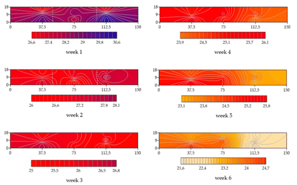 Figure 3. Kriging maps for the temperature (t, °C) throughout the shed in the six weeks of rearing. 