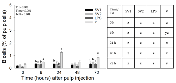 Figure 2. B cell infiltration profiles in response to injection of autogenous Salmonella-killed vaccines (SV1 and SV2), S. Enteritidis lipopolysaccharide (SE-LPS), or vehicle into the pulp of growing feathers. Forty-eight growing feathers (GF) of 14 to 15 wk old Light-brown Leghorn (LBL) pullets from Trial 2-PHL and Trial 3-Farm were injected with 10 µL of SV1, SV2, SE-LPS, or vehicle (water-oil-water emulsion). Injected GFs from each chicken were collected before injection (0 h) and at 6, 24, 48, and 72 h post-GF injection for leukocyte population analysis. Pulp cell suspensions were prepared from each GF, immunofluorescently stained with fluorescence-conjugated mouse monoclonal antibody (Southern Biotech) to chicken Bu-1 (B cells), and the percentage of Bu-1+ pulp cells determined by fluorescence-based flow cytometry. Data shown are mean ± SEM. For each Trial, n = 8 pullets for SV1, SV2, and LPS, and n = 6 for the vehicle. Student t-test multiple means comparisons were conducted to identify Treatment (Trt) and Time (h) differences. a–c: for each time point, treatment means without a common letter are different (p < 0.05); x–z: for each treatment, time means without a common letter are different (p < 0.05).