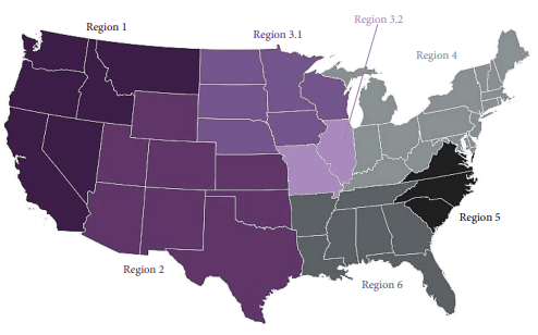 FIGURE 2: Modified stratification of study area into regions adapted from the rapid response program regional mapping of U.S. states by the Swine Health Information Center (SHIC) [13]. Five of the regions included in this analysis were randomly recoded with alphabets A–E for confidentiality purposes.