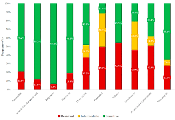 Figure 5. Susceptibility profile of Enterococcus strains (n = 499) isolated from chickens to antibiotic agents of animal and public health importance.