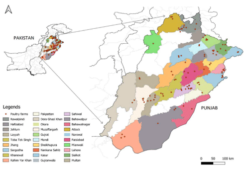 Figure 1. Data collection sites from 29 districts of Punjab province. The legend lists the names of each district, while the red dots indicate poultry farms within each district where data were collected. To protect the exact locations of the farms, GPS coordinates were anonymized.
