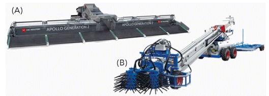Two mechanical catching machines that can be used to catch and load broilers for transportation to the slaughter plant. A) The Apollo harvester from CMC industries (poultry.cmcindustries.com/apollo-generation-2 2123746787.html) using conveyor belts to pick up birds, and place them in crates. (B) The Chicken Cat from JJ Conveying (adapted from chickencat.eu/uk/features.aspx). Image from Jacobs & Tuyttens, 2020.