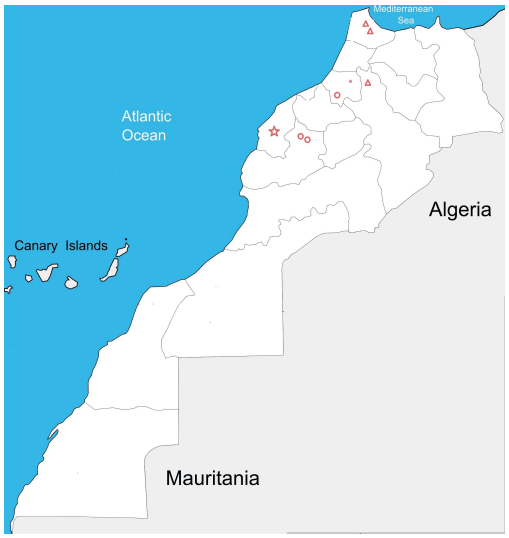 Figure 1. Map of Morocco, outlining the origins of the different samples studied. The sample types are indicated with symbols as follows: △: longitudinal study sampling; #: one-off sampling; *: fresh broiler head sampling; ✩: fresh turkey head sampling from a slaughterhouse.