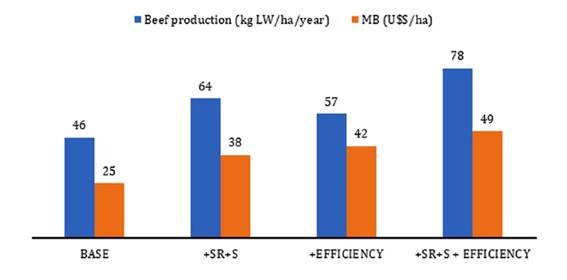 Figure 2 Beef production (kg LW ha-1 year-1) and gross margin (MB, US$ ha-1 year-1) of BASE system and improved alternatives.