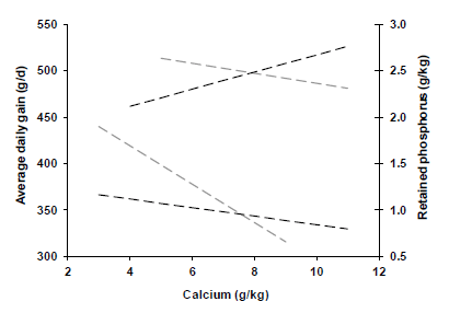 Responses of retained phosphorus (g/kg) and average daily gain (g/day) to dietary concentrations of non-phytate P (NPP, g/kg) and calcium (Ca, g/kg) with phytate P (PP) 2.2 g/kg, microbial phytase (PhytM) 0 FTU/kg and plant phytase (PhytP) 0 FTU/kg. The black and gray lines represent retained phosphorus and average daily gain, respectively. The solid and dotted lines represent 1.1 and 2.1 g NPP/kg, respectively.