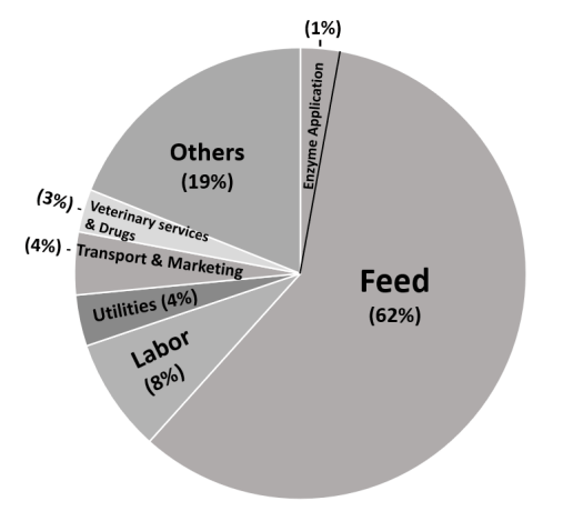 Figure 1. Contribution of enzyme application to the feed cost. Pie chart represents the total production cost per pig sold and is based on the production level of 18.6 finished pigs sold/sow/year. (Adapted from Dhuyvetter et al., 2014).