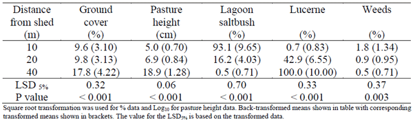 Main factor effect of distance from the shed (10, 20 and 40 m) on % ground cover, pasture height, % lagoon saltbush, % Lucerne and % weeds on an egg farm in southern Australia during 2018.