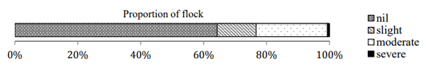 Figure 1 - Average proportion of hens in a flock showing plumage damage at different severity levels as observed on fifteen free range farms.