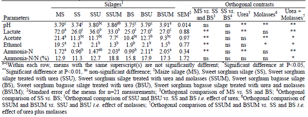 Effects of urea and molasses supplementation on chemical composition, protein fractionation and fermentation characteristics of sweet sorghum and bagasse silages as alternative silage crop compared with maize silage in the arid areas - Image 4
