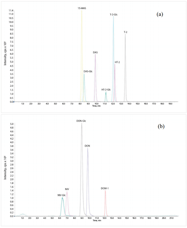 Figure 7. LC-MS/MS chromatograms for the quantification of type A trichothecenes (panel a) and type B trichothecenes (panel b) at 2 nmol/mL.