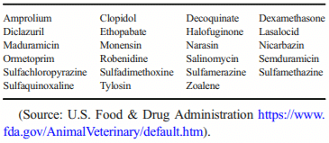 In the USA, anticoccidials for use in ruminants and pigs are mainly used in combinations as feed additives, combined with antibacterials and growth promoters. Registered APIs are as follows: