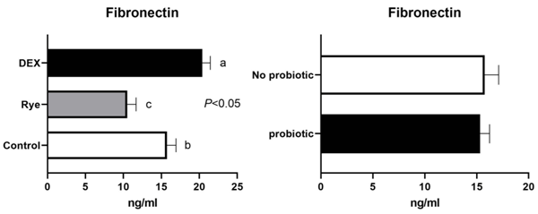 Fig 3. Concentration of fibronectin in excreta samples (n = 72) for the main effects of gut barrier dysfunction models (P< 0.05) and probiotic supplementation (P> 0.05). The error bars represent standard error of the mean (SEM). Bars with differing superscripts are statistically different (P< 0.05).