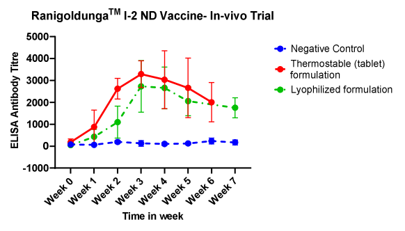 Figure 12: In-vivo measurement of NDV antibody titer after vaccination with RanigoldungaTM I-2 ND. 403 Tablet formulation had titer go up to 4000 on ELISA test 