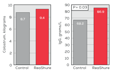 Figure 2. Effect of feeding ReaShure prepartum on colostrum quantity and quality
