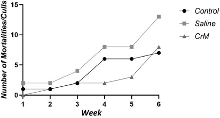 Figure 5. Cumulative culls/mortalities per week of Ross 308 broiler chicks given an in ovo injection at embryonic d 14; Control) non-injected control group; Saline) 0.75% saline solution-injected control group; CrM) 8.16 mg Creatine monohydrate (CrM)/0.75% saline solution-injected group. No statistically significant association was found between treatment and overall number of mortalities/culls (P = 0.232).
