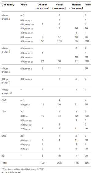 TABLE 3 | Prevalence of ESBL/AmpC genes in the cefotaxime-resistant Escherichia coli isolates.