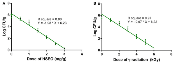 FIGURE 1 | Linear regression curve for growth inhibitory activity of different doses of (A) H. spicatum L. essential oil (HSEO) and (B) radiation treatments on F. graminearum in maize. The log CFU/g was declined with the dose of HSEO and radiation. The data was processed by one-way ANOVA following Tukey’s test and value of p < 0.05 was considered significant.