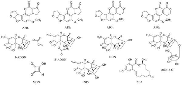 FIGURE 1 | Chemical structure of aflatoxin B1 (AFB1), aflatoxin B2 (AFB2), aflatoxin G1 (G1), aflatoxin G2 (AFG2), 3-acetyldeoxynivalenol (3-ADON), 15-acetyldeoxynivalenol (15-ADON), deoxynivalenol (DON), deoxynivalenol-3-glucoside (DON-3-G), moniliformin (MON), nivalenol (NIV), and zearalenone (ZEA)