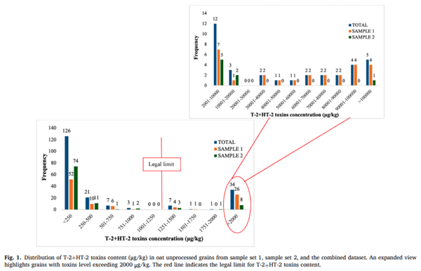 Fig. 1. Distribution of T-2+HT-2 toxins content (μg/kg) in oat unprocessed grains from sample set 1, sample set 2, and the c