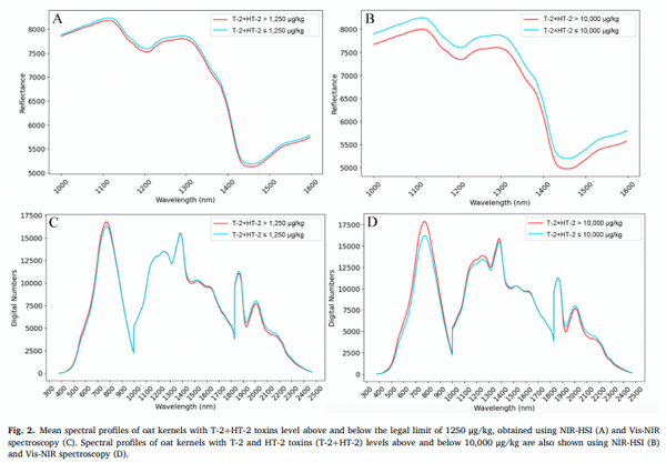 Fig. 2. Mean spectral profiles of oat kernels with T-2+HT-2 toxins level above and below the legal limit of 1250 μg/kg, obtained using NIR-HSI (A) and Vis-NIR spectroscopy (C). Spectral profiles of oat kernels with T-2 and HT-2 toxins (T-2+HT-2) levels above and below 10,000 μg/kg are also shown using NIR-HSI (B) and Vis-NIR spectroscopy (D).