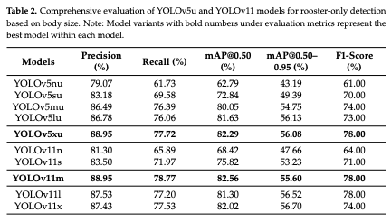 Table 2. Comprehensive evaluation of YOLOv5u and YOLOv11 models for rooster-only detection based on body size. Note: Model variants with bold numbers under evaluation metrics represent the best model within each model.