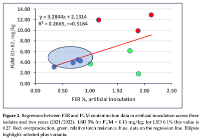 Figure 2. Regression between FER and FUM contamination data in artificial inoculation across three isolates and two years (2021/2022). LSD 5% for FUM = 0.13 mg/kg; for LSD 0.1% this value is 0.27. Red: overproduction, green: relative toxin resistance, blue: data on the regression line. Ellipsis highlight: selected plus variants.