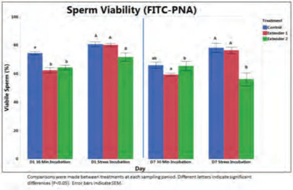 Figure 2. The effect of semen extender on percentages of acrosome-intact, viable (AIV) sperm over time. Under stress incubation, Extender 2 has less (P< 0.05) AIV sperm than either currently used extender (Control) or test extender 1.