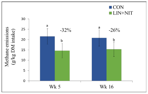 Figure 2. Methane emissions from lactating cows fed a control diet based on maize silage (CON; n = 8) or CON supplemented with 10% extruded linseed plus 1.8% nitrate on a DM basis (LIN +NIT; n = 8) after 5 weeks (Wk 5) and 16 weeks (Wk 16). Error bars indicate SD. Letters indicate a significant effect (P = 0.002) between diets. Adapted from Guyader et al. (2016).