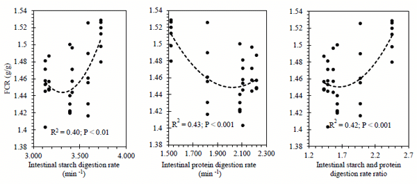 The correlations between FCR and starch, protein digestion rate and starch:protein digestion rate ratios in broiler chickens from 7-35 days post-hatch.