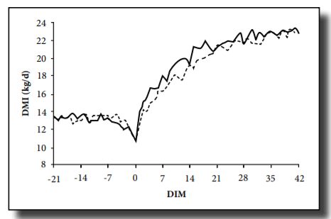 Figure 1. Dry matter intake (DMI) of cows fed diets with (solid line) or without (dashed line) ReaShure rumen-protected choline at various days in milk (DIM).