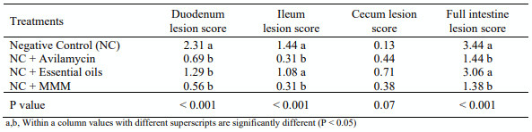 Table 3 – Effects of dietary treatments on and lesions score in duodenum, ileum, cecum, and full intestine (at 28 d)