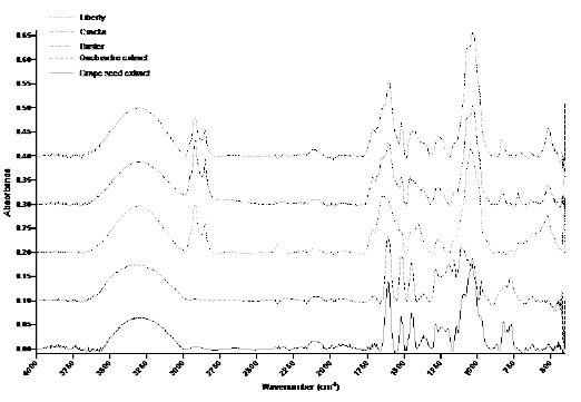 Figure 1 - FT-IR spectra of sorghum polyphenol-rich extracts and commercial extracts.