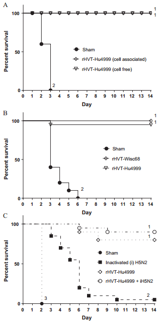 Vaccine protection of chickens against antigenically diverse H5 highly pathogenic avian influenza isolates with a live HVT vector vaccine expressing the influenza hemagglutinin gene derived from a clade 2.2 avian influenza virus - Image 1
