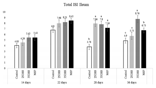 FIGURE 4 | I See Inside (ISI) total microscopically lesions scores of ilea of broilers submitted to different intestinal challenges at 14, 22, 28 and 36 days of age. The broilers challenged with DSS received 0.25mg/ml (25DSS) or 0.35mg/ml (35DSS) of DSS via oral gavage everyday from 9 to 14-d and 23 to 27-d; birds in the NSP treatment received a diet with 30% of rice bran during the whole experiment, and animals in the control group were not submitted to any challenge. abc Different superscript letters indicate significant difference with Tukey test (P < 0.05). n = 6 animals/treatment; 2 animals/pen.