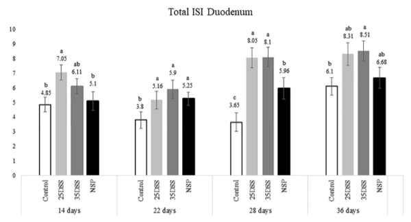 FIGURE 2 | I See Inside (ISI) total microscopically lesions scores of duodenum of broilers submitted to different intestinal challenges at 14, 22, 28 and 36 days of age. The broilers challenged with DSS received 0.25mg/ml (25DSS) or 0.35mg/ml (35DSS) of DSS via oral gavage everyday from 9 to 14-d and 23 to 27-d; birds in the NSP treatment received a diet with 30% of rice bran during the whole experiment, and animals in the control group were not submitted to any challenge. abc Different superscript letters indicate significant difference with Tukey test. n = 6 animals/treatment; 2 animals/pen.
