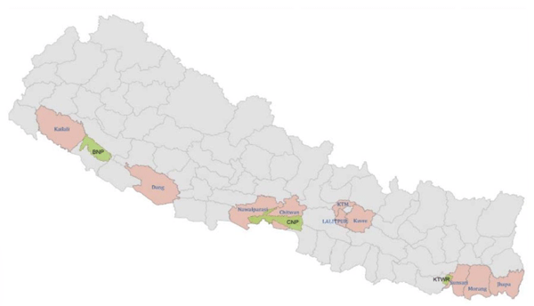 Figure 1: Selected Ten districts (Kathmandu, Bhaktapur, Lalitpur, Chitwan, Nawalparasi, Dang, Kailali, Jhapa, Morang, and Sunsari) for sampling (highlighted in pink). The districts are poultry production hubs and suffer from higher past incidences of NDV and IAV