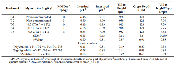 Table 9. The effects of feeding ochratoxin A (OTA) and T-2 mycotoxins and the addition of a binder mycotoxin product (MMDA) on intestinal pH and morphometry in broiler chickens.